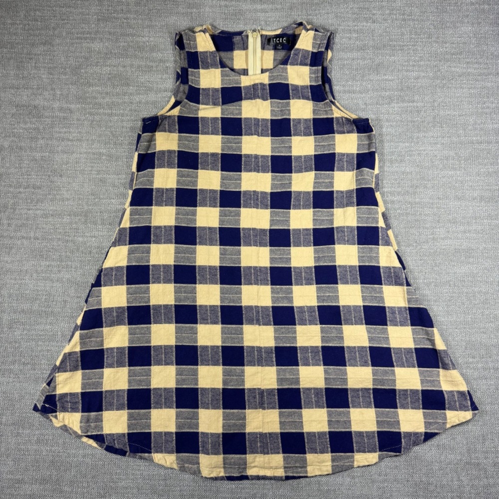 TCEC Blue & Cream Buffalo Plaid Sleeveless Shift Dress Women's Medium Pockets